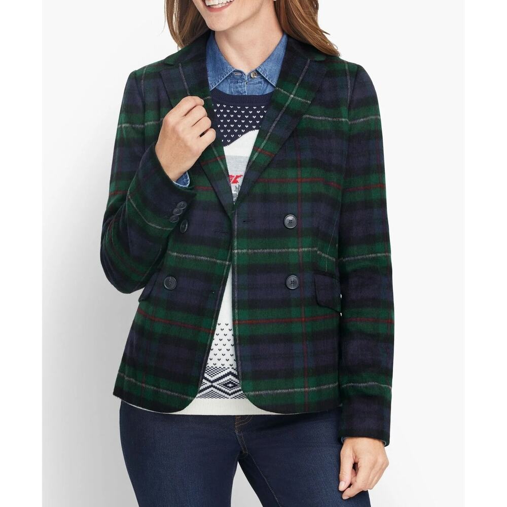 Talbots Brushed Wool Double Breasted Blazer Jacket Tartan Plaid Green 10P